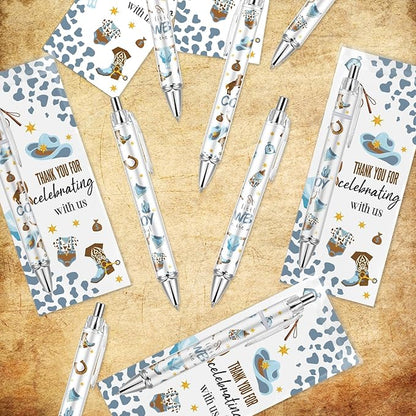 50 Sets Pen Baby Shower Favors Gifts for Guests Includes 50 Rolling Paper Ballpoint Pens and 50 Greeting Thank You Bookmarks Baby Shower Party Favors (Cowboy)