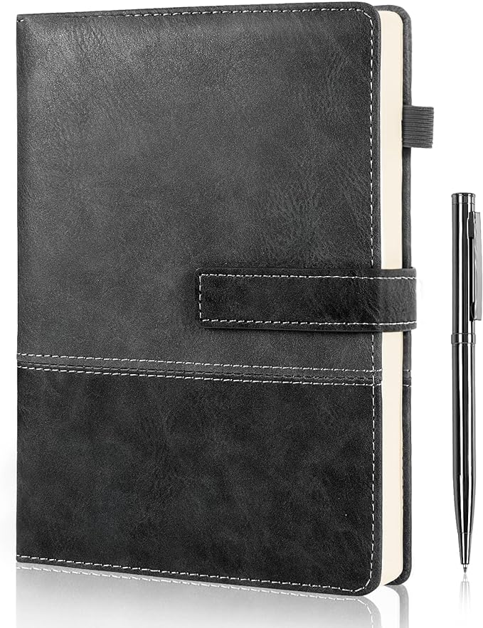 Leather Notebook Journal with Pen, A5 Lined Hardcover Notebook with Magnetic Closure, 240 Pages Daily Journal for Men Women, Ruled Journals Notebooks for Work, Writing, Note Taking - Black
