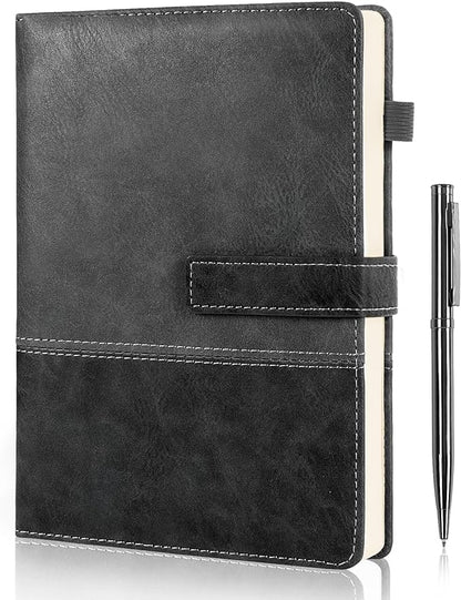 Leather Notebook Journal with Pen, A5 Lined Hardcover Notebook with Magnetic Closure, 240 Pages Daily Journal for Men Women, Ruled Journals Notebooks for Work, Writing, Note Taking - Black