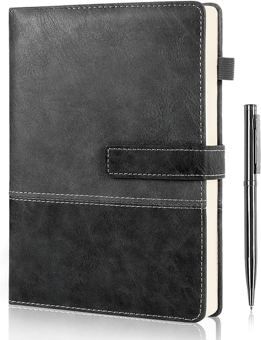 Leather Notebook Journal with Pen, A5 Lined Hardcover Notebook with Magnetic Closure, 240 Pages Daily Journal for Men Women, Ruled Journals Notebooks for Work, Writing, Note Taking - Black