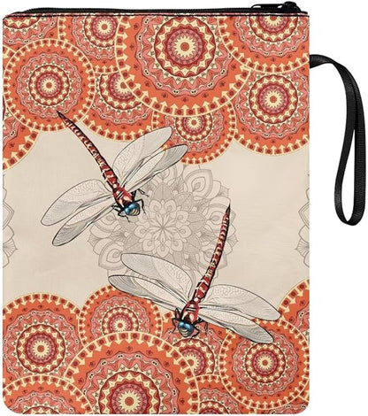 COEQINE Dragonfly Book Sleeve Vintage Mandala Book Cover for Hard Cover Paperbacks Portable Chain Front Pocket for Women Girls,Orange