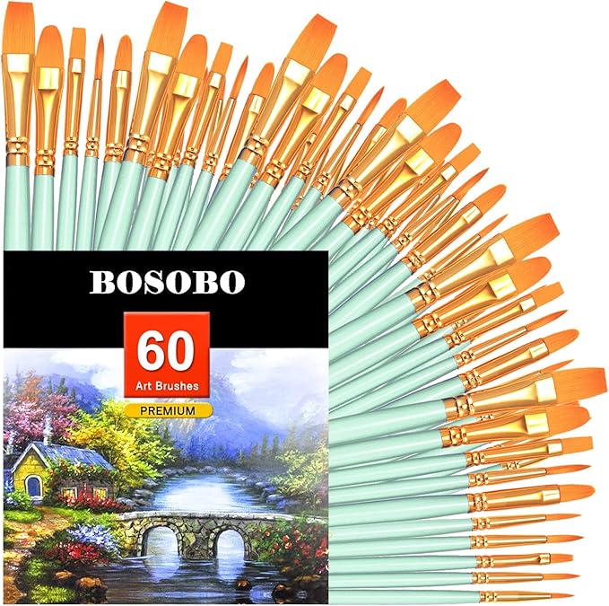BOSOBO Paint Brushes Set, 6 Pack 60 Pcs Round Pointed Tip Paintbrushes Nylon Hair Artist Acrylic Paint Brushes for Acrylic Oil Watercolor, Face Nail Art, Miniature Detailing & Rock Painting, Green