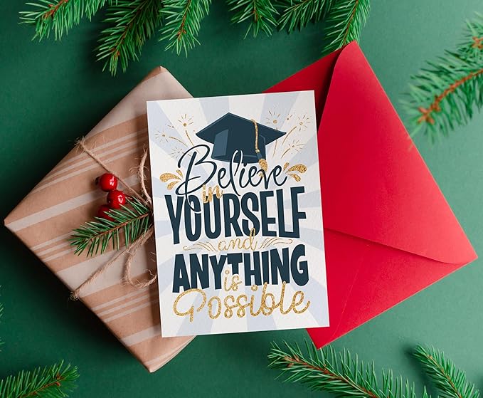 Graduation Card with Envelope - Thankful & Motivation Gold Glitter Card - Folded 5"x7" Single Card For Grad, High School, College, Nursing, Middle school, Kindergarten Gift Card