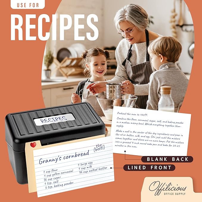 Black Index Card Holder 4x6 - Index Card Box With Index Card Dividers, Ruled Cards & Stickers - Index Card Organizer, Recipe Card Box - Flash Card Holder Box