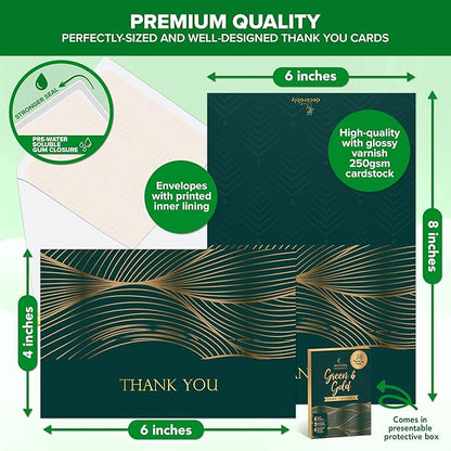 Decorably 24 Gold-Foiled Pack 6x4in Thank You Cards Green with Envelopes and Stickers, 6 Elegant Designs Thank You Cards with Envelopes Green, Blank Inside - Wedding, Holidays