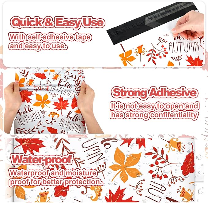 100 Pcs Fall Poly Mailers 10 x 13 Inch Hello Autumn Maple Leaves Mailing Bags Thanksgiving Orange Self-Sealing Plastic Packaging Envelopes Bags Shipping Bags for Small Business Clothing