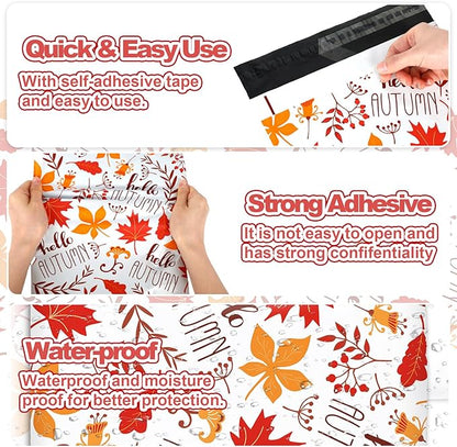 100 Pcs Fall Poly Mailers 10 x 13 Inch Hello Autumn Maple Leaves Mailing Bags Thanksgiving Orange Self-Sealing Plastic Packaging Envelopes Bags Shipping Bags for Small Business Clothing