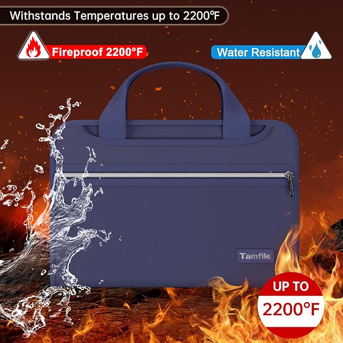 Tamfile Fireproof Accordion File Organizer with Handle, 13 Pocket Expanding File Folder with Zipper & Labels, File Folder with Multi-Pockets Paper Organizer Folder for Letter A4 Files, Blue