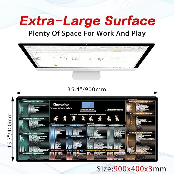 Excel,Word,Outlook,Windows,PowerPoint Cheat Sheet Mouse Pad,Extended Large XXL Office Shortcut Keyboard Desk Pad,Non-Slip Accessories Desk Mat 35.4" x 15.7"