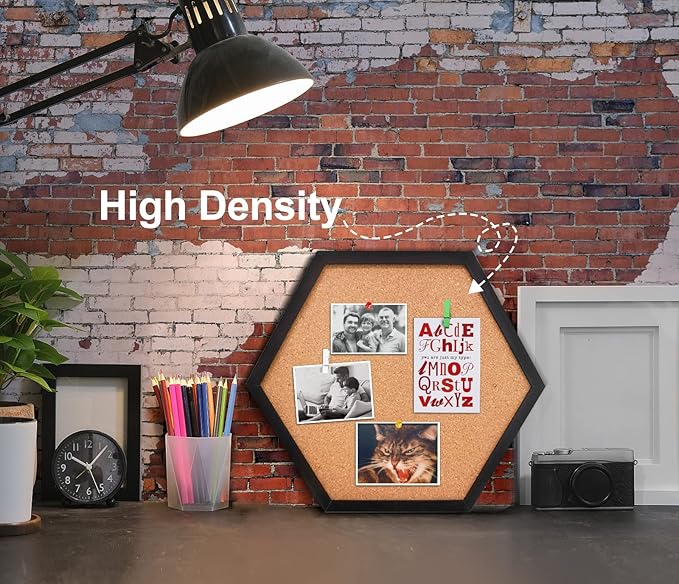 EVNEED 4 Pack Cork Bulletin Board Hexagon, Small Framed Corkboard Tiles for Wall, Thick Decorative Display Boards for Home School Office Decor, Hex Cork Board with 16 Push Pin Wood Clips,Black