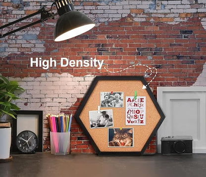 EVNEED 4 Pack Cork Bulletin Board Hexagon, Small Framed Corkboard Tiles for Wall, Thick Decorative Display Boards for Home School Office Decor, Hex Cork Board with 16 Push Pin Wood Clips,Black