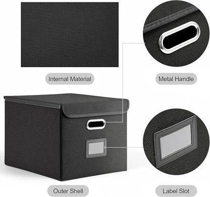 File Organizer Box with Lid, Collapsible File Folder with Plastic Slide for Office/Decor/Home, Hanging Office Document Storage, 14.9 6x 12.6 x 10.83 inch，1 pack - without folders，Black
