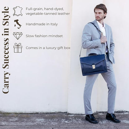 Time Resistance Leather Briefcase for Men - Business Laptop Bag - Italian Handmade Leather Bag - Attache - Gift Box Included