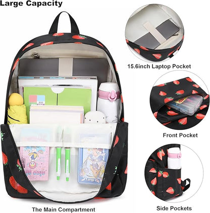 Strawberry School Backpack for Teens Girls, Womens College Bookbags Kids School Bags Laptop Backpacks