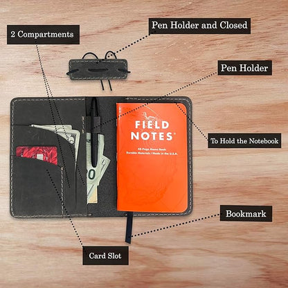 Leather Cover for Field Notes, Passport Cover, Leather Notebook Cover for 3.5" x 5.5" with Pen Holder, Only Cover (Gray)