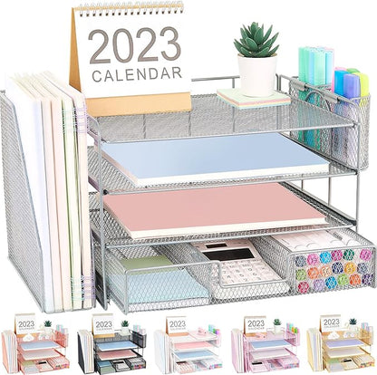 Desk Organizers and Accessories, Desk Accessories & Workspace Organizers for Office Supplies, File Organizer Desk Drawer Organizer with 2 Pen Holders, 4 Tier Paper Organizer for Desk(Grey)