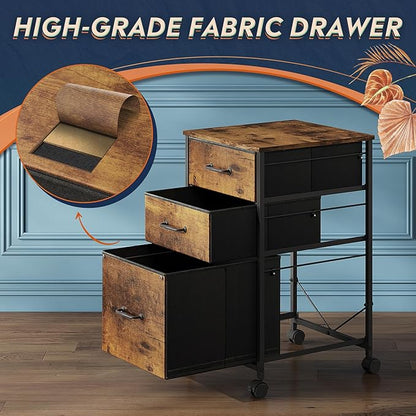 DEVAISE Mobile File Cabinet, Rolling Printer Stand with 3 Drawers, Fabric Vertical Filing Cabinet fits A4 or Letter Size for Home Office, Rustic Brown Wood Grain Print