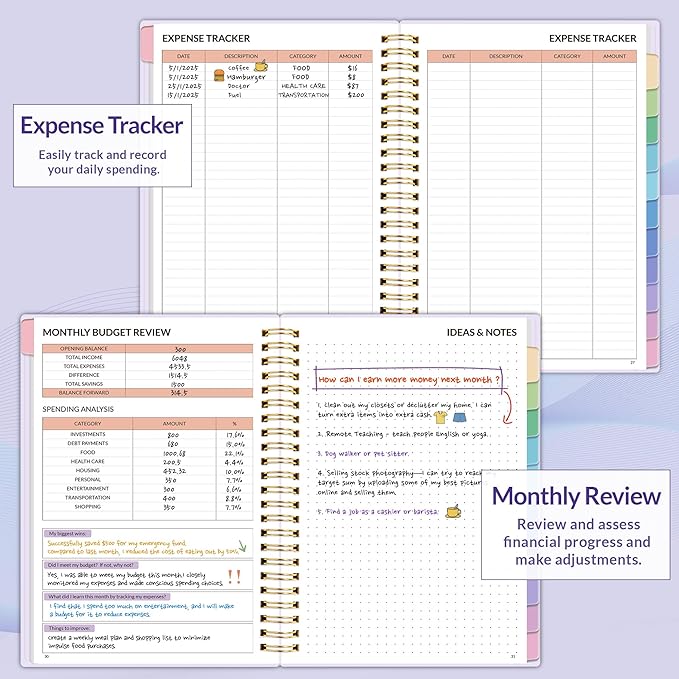 SUNEE Budget Planner - Monthly Budget Book with Expense Tracker Notebook, Undated 12 Month Bill Organizer & Finance Planner to Manage Your Money, A5(6.4" x 8.3") Account Book with Colorful Tab, Purple