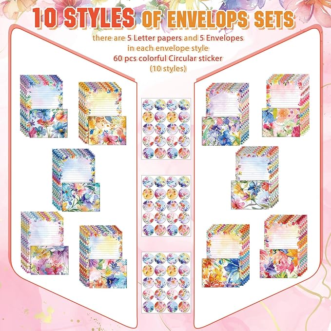 TaoBary 160 Packs Stationery Paper Set (50 Double Sided Stationery Writing Papers 50 Matching Envelopes) 60 Round Dot Sticker, 10 Design(Watercolor Flowers,5.5 x 8.25 Inch)