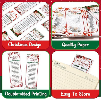 Haooryx 120pcs Christmas Theme Bookmarks, The Legend of The Candy Cane Bookmark with Red Ribbons, Candy Cane J is for Jesus Religious Bookmark Party Favor for Sunday School Supply Students Rewards