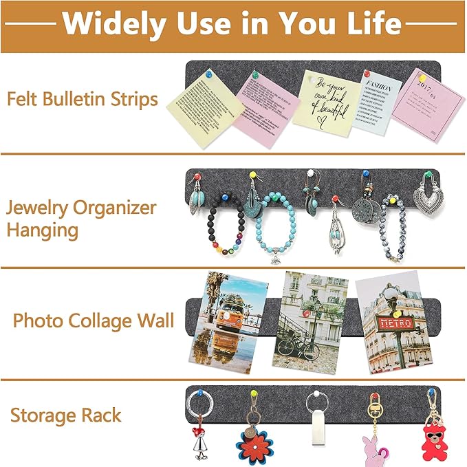 Felt Pin Board Bar Strips Bulletin Board for Bedrooms Offices Home Wall Decoration, Notice Board Self Adhesive Cork Board with 35 Push Pins for Paste Notes, Photos, Schedules