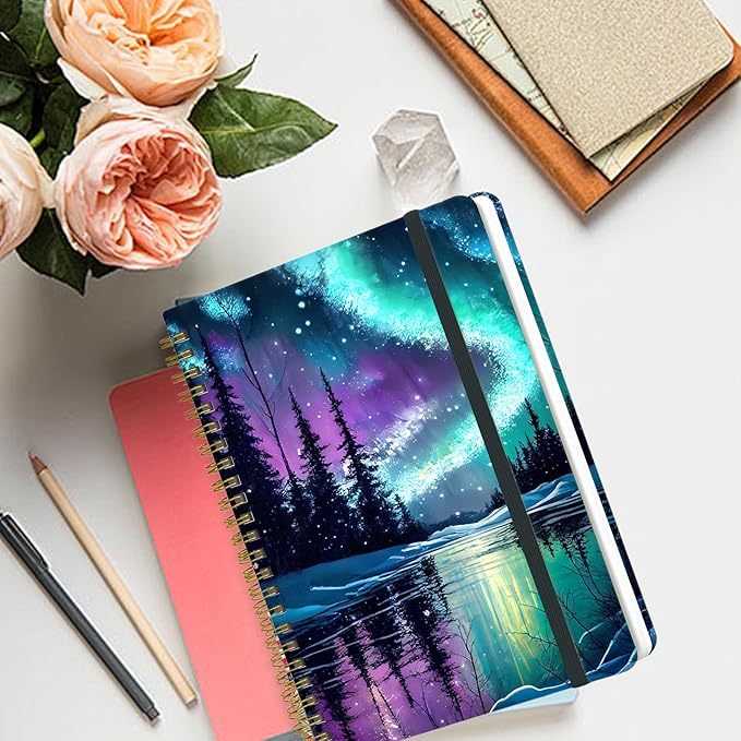 Spiral Notebook - A5 Spiral Notebooks, 8.3'' × 5.8'', 160 Pages, Aesthetic Journaling Notebooks for Women, College Lined Notebook with Elastic Closure, Back Pocket, for School Office, Starlit sky