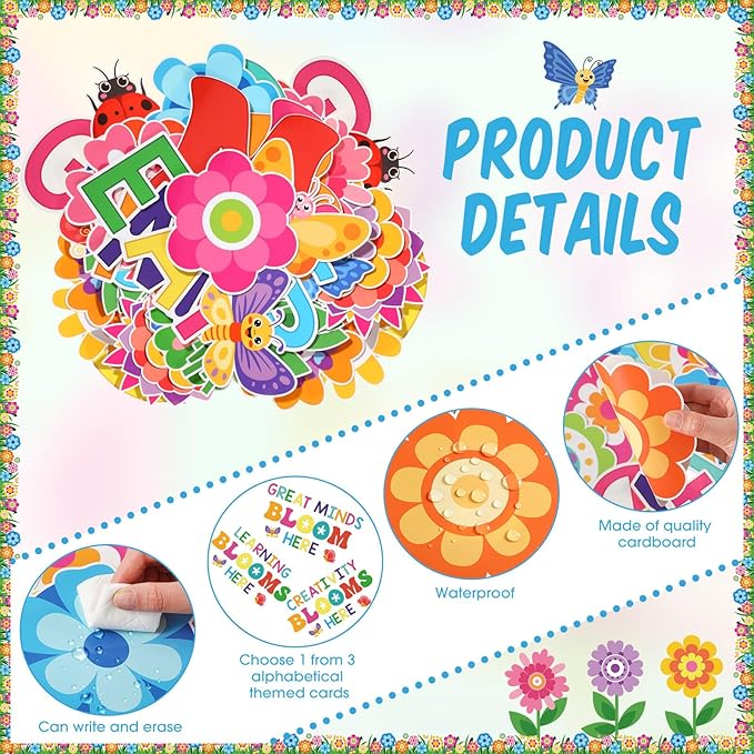Kosiz Spring Flower Bulletin Board Decorations Set Great Minds Bloom Here Classroom Decorations Colorful Butterfly Rainbow Cloud Paper Cutouts with Floral Borders for School Chalkboard Wall Door Home