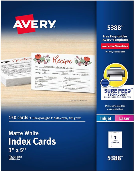 Avery Printable Index Cards with Sure Feed Technology, 3" x 5", White, 150 Blank Index Cards for Laser or Inkjet Printers (05388)
