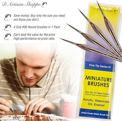Fine Tip Paint Miniature Brushes. 4pc Round 00 Detail Paintbrushes Set for Acrylic Watercolor Oil - Art Model Craft Warhammer Hobby Paint by Numbers Painting