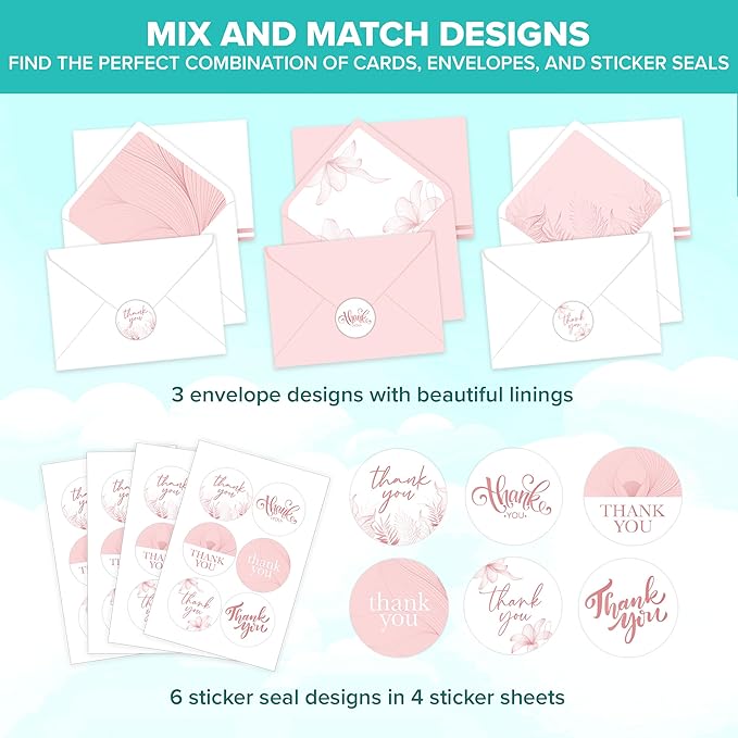 Decorably 24 Pack Gold-Foiled 6x4in Rose Gold Thank You Cards with Envelopes and Stickers, 6 Elegant Designs Pink Thank You Cards, Blank Inside - Bridal Shower, Baby Shower