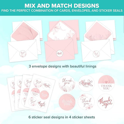 Decorably 24 Pack Gold-Foiled 6x4in Rose Gold Thank You Cards with Envelopes and Stickers, 6 Elegant Designs Pink Thank You Cards, Blank Inside - Bridal Shower, Baby Shower