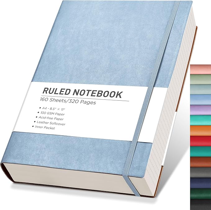 RETTACY Journaling Notebooks, A4 Lined Notebook Journal with 320 Pages, 8.5" × 11", Large Size, Notebook Journal for Work, School, Writing, Leather Softcover, 100 GSM Thick Paper (Light Blue)
