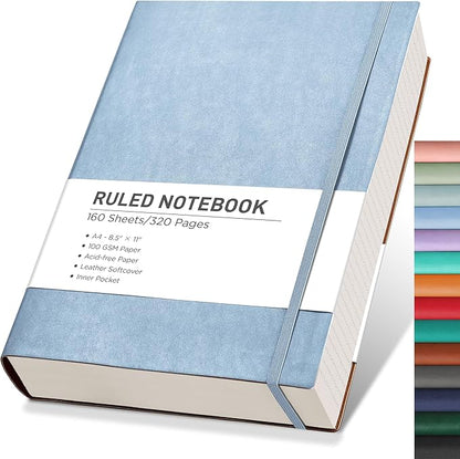 RETTACY Journaling Notebooks, A4 Lined Notebook Journal with 320 Pages, 8.5" × 11", Large Size, Notebook Journal for Work, School, Writing, Leather Softcover, 100 GSM Thick Paper (Light Blue)