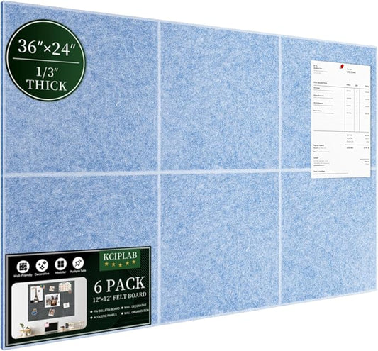 Large Cork Bulletin Board for Wall 36"x24", 6 Pack Felt Wall Tiles with 50 Pushpins, 30 Safe Removable Adhesive Tabs, Decorative Pin Board Tack Board for Office Home School, Light Blue