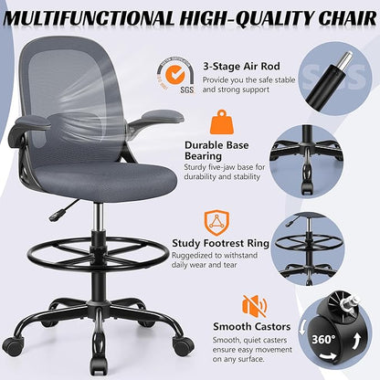 Drafting Chair, Tall Office Chair Ergonomic Standing Desk Chair,with Adjustable Footrest Ring, 3D Lumbar Support, Flip-up Armrests, Swivel Desk Stool for Drawing Working (Dark Gray)