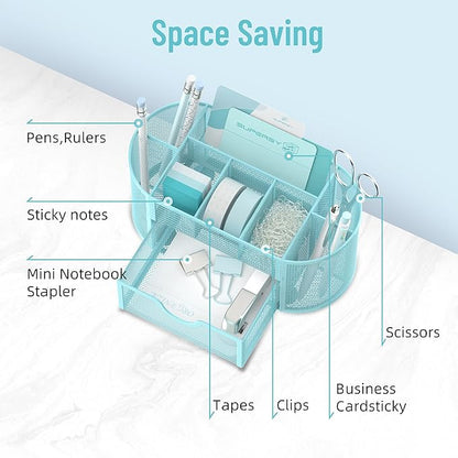 SUPEASY Mesh Desk Organizer, Desk Accessories & Workspace Organizers with Drawers, Pencil Holder for Desk with 9 Compartments for Office Suppliess, 8.6 x 4.3 x 4.1 Inch, Blue