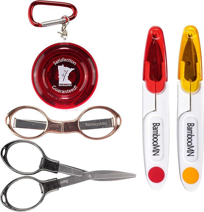 JubileeYarn Portable Travel Safety Folding Scissors Set, One Rose Gold, One Black, Two Thread Snips, and a Fabric Measuring Tape