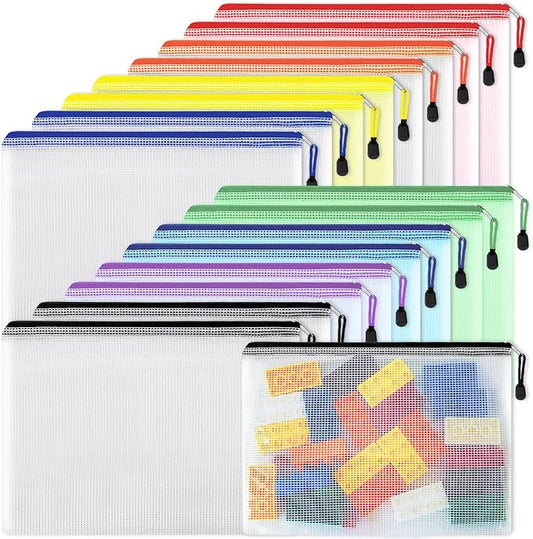 EOOUT 16pcs Mesh Zipper Pouch, Puzzles, Board Game Storage Bags for Organizing, Waterproof Zip File Bags, Letter Size, A4 Size, for School Office Supplies, Storage Bags, 8 Colors