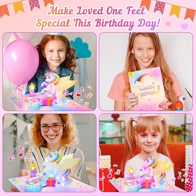 Birthday Card with Light&Music,Unicorn 3D Pop up Greeting Cards with Blowable Candle Birthday Gifts for Women Girls Daughter Sister Kids-With 0-9 DIY Number