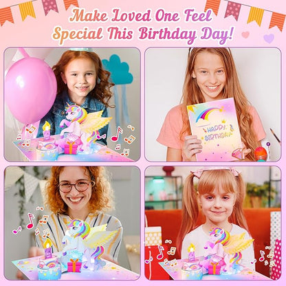 Birthday Card with Light&Music,Unicorn 3D Pop up Greeting Cards with Blowable Candle Birthday Gifts for Women Girls Daughter Sister Kids-With 0-9 DIY Number