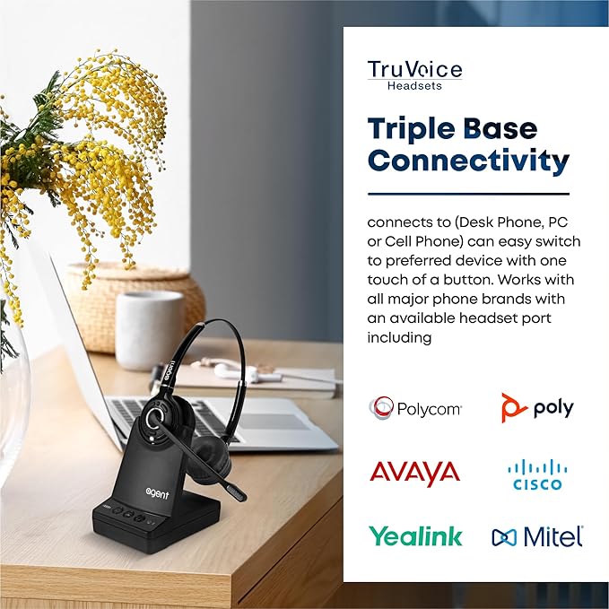 TruVoice AW80 DECT 3-in1 Wireless NC Headset with EHS for Remote Answer - Compatible with Cisco Phones 6945 7821 7841 7861 7942G 7945G 7962G 7965G 7975G 8841 8851 8861 and Computer and Cell Phones