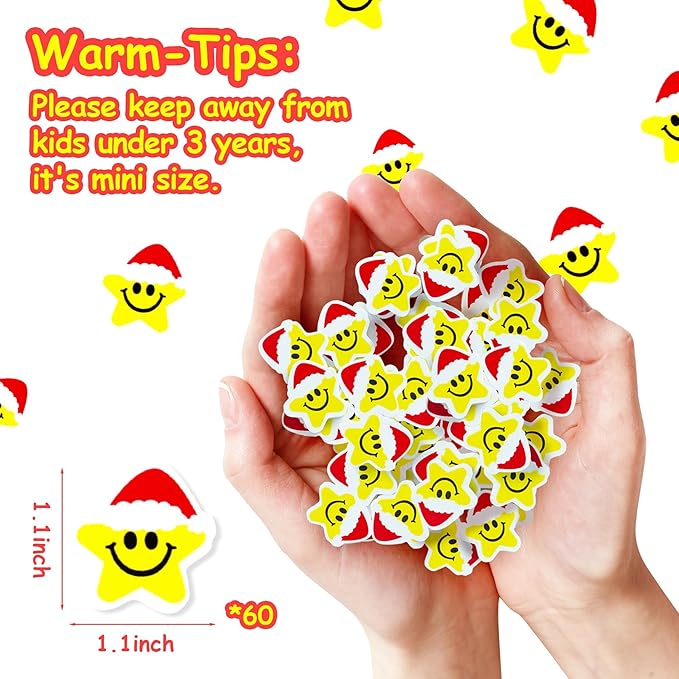 Christmas Winter Pencil Erasers - 60pcs Xmas Mini Erasers bulks Holiday Rubber Smiley Face Winter Christmas Party Favors School Rewards Cute Star Cartoon Rubber Eraser New Year holidays Gift
