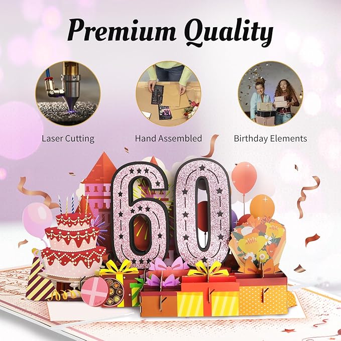 60th Birthday Card for Women Her, Jumbo Pop Up 60th Birthday Cards for Wife Mom, Happy 60th Birthday Decorations for 60 Year Old Women Funny Birthday Gifts, Review of 1965, Pink