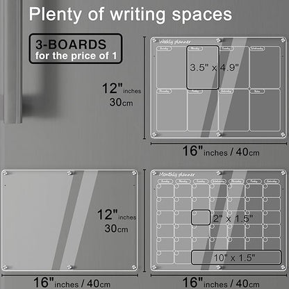 Magnetic Acrylic Calendar for Fridge Magnetic Calendar for Refrigerator, 16"X12" Clear Monthly Weekly Planner 3 Pcs Acrylic Dry Erase Board Magnet Whiteboard