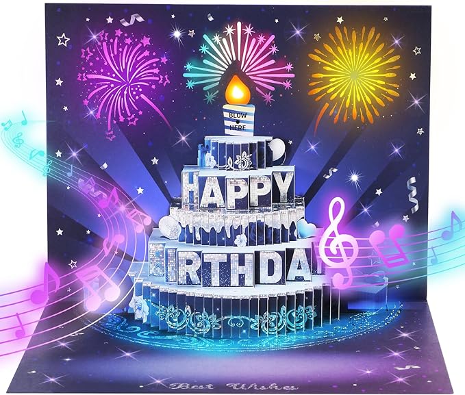 Musical Birthday Cards, 3D Pop Up Card with Music and Light, Firework Greeting Card with Interactive Blowable Candle, Birthday Gift for Her Him Mom Grandma Wife Husband (Blue and Silver)