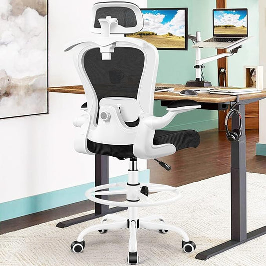 Drafting Chair, Tall Office Chair with 3D Lumbar & Head Support, Ergonomic Mesh Standing Desk Chair with Footring, Comfy Extended High Desk Chair with Flip-Up Arms & Hanger(White)