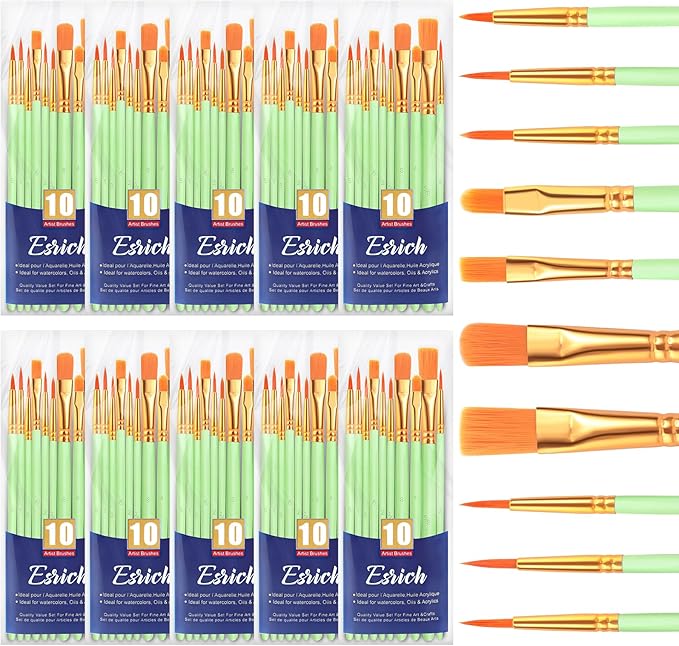 ESRICH Paint Brushes Set,10 Packs 100 Pcs Acrylic Paint Brush Set,St. Patrick's Party Acrylic Oil Watercolor, Face Nail Art, Miniature Detailing,Rock Painting,Painting Artist Professional Kits(Green)