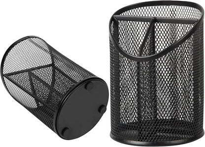 2 Pack Pen Holder Pen Organizer for Desk Mesh Round Pencil Holder Desktop Organizer 3 Compartments Pencil Organizer Desk Organizer for Office Home School, Black