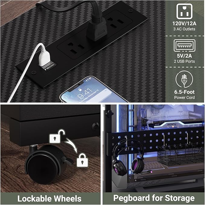 Computer Tower Stand with Power Strips, Height Adjustable PC Tower Stand/Cart with Wheels, Mobile Rolling CPU Holder, Computer Cart Side Stand for Computer Desk, 24", Carbon Fiber Black