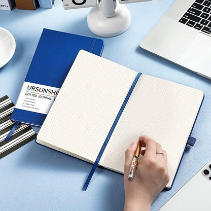 Dotted Journal/Notebook - Dot Grid Hard Cover Notebook, Premium Thick Paper with Fine Inner Pocket, Black Smooth Faux Leather, Pen Loop, 5.3'' x 8.26'' - Deep Blue